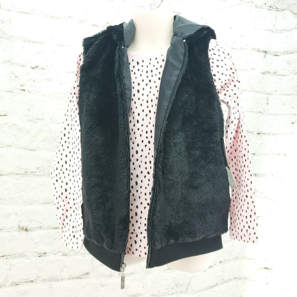 Limited Too Girls Two Piece Black Pale Pink Shirt With Faux Fur Hooded Vest Sz 6